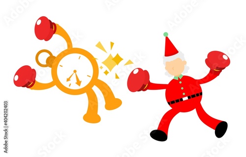 christmas red santa claus fight with clock time deadline cartoon doodle flat design style vector illustration 