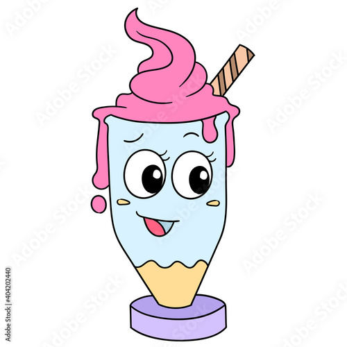 ice cream emoticon in a glass with a happy smiling face, doodle icon image