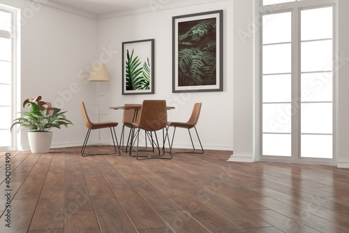 modern empty room with table chairs plant and lamp interior design. 3D illustration