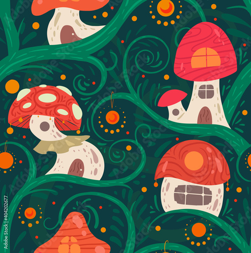 Seamless pattern with cartoon fairy tale porcini house on a liana with lanterns for fairies and gnomes on green background. A fabulous home for little creatures. Vector flat texture for wallpaper