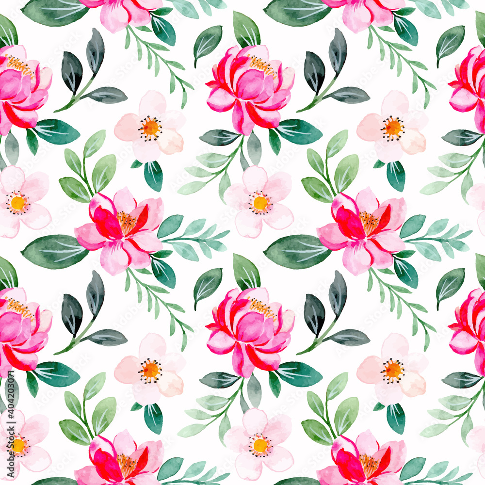 Seamless pattern of beautiful pink floral watercolor