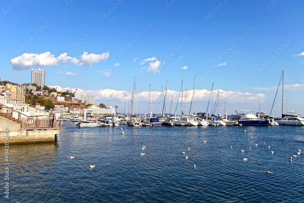 The marina at Atami City in Shizuoka Prefecture in Japan. Atami is an historical seaside resort for people living in Tokyo with sandy beaches and hot springs.
