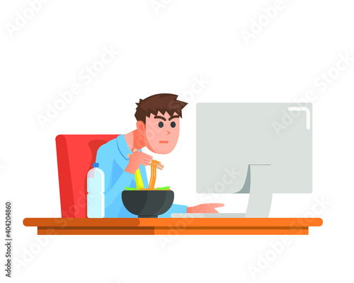 man working seriously while eating his food