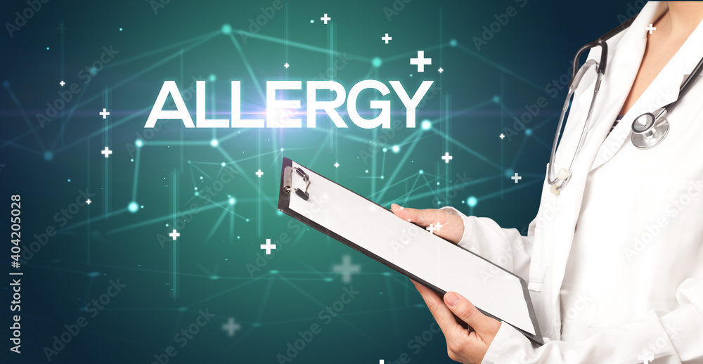 Doctor fills out medical record with ALLERGY inscription, medical concept Doctor fills out medical record with ALLERGY inscription, medical concept