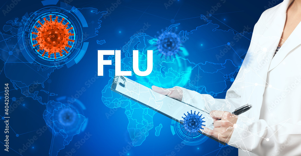 Doctor fills out medical record with FLU inscription, virology concept Doctor fills out medical record with FLU inscription, virology concept