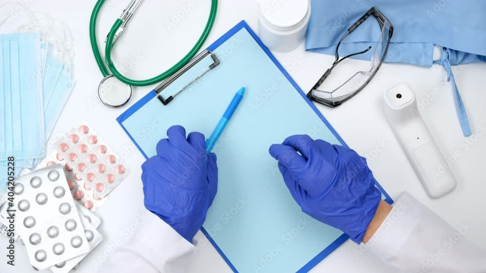doctor puts blue latex gloves on his hands and takes a blue pen, top view of the doctor's therapist workplace, slow motion doctor puts blue latex gloves on his hands and takes a blue pen, top view of the doctor's therapist workplace, slow motion