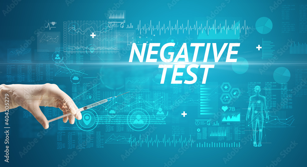 Syringe needle with virus vaccine and NEGATIVE TEST inscription, antidote concept Syringe needle with virus vaccine and NEGATIVE TEST inscription, antidote concept