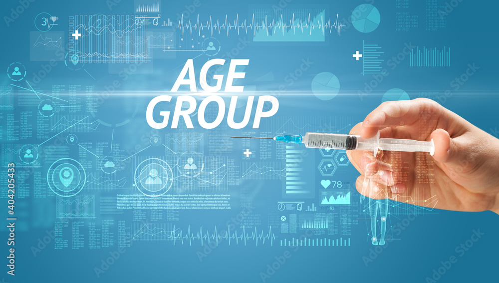 Syringe needle with virus vaccine and AGE GROUP inscription, antidote concept Syringe needle with virus vaccine and AGE GROUP inscription, antidote concept