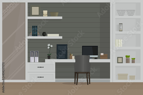 Workplace room, modern Interior, cabinet. Office with labtop. Colorful vector illustration in flat style.