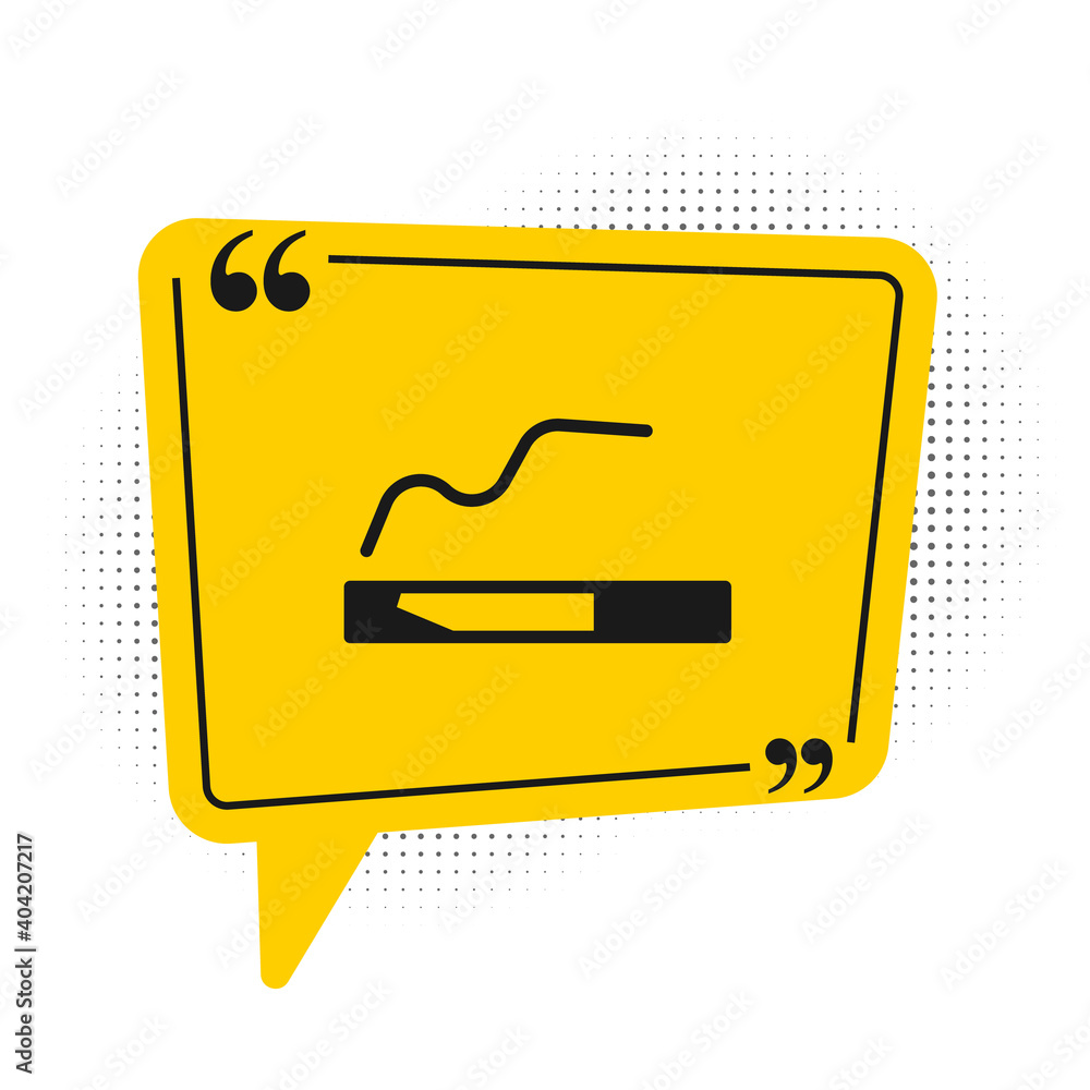Black Cigarette icon isolated on white background. Tobacco sign. Smoking symbol. Yellow speech bubble symbol. Vector Illustration.