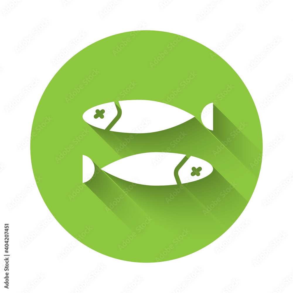 White Dried fish icon isolated with long shadow. Green circle button. Vector Illustration. White Dried fish icon isolated with long shadow. Green circle button. Vector Illustration.