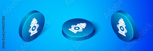 Isometric Fire hydrant icon isolated on blue background. Blue circle button. Vector Illustration.