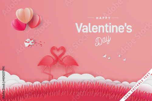 happy valentine's day banners illustration flamingo love with balloon and field, paper cut style with editable text effect. Premium Vector
