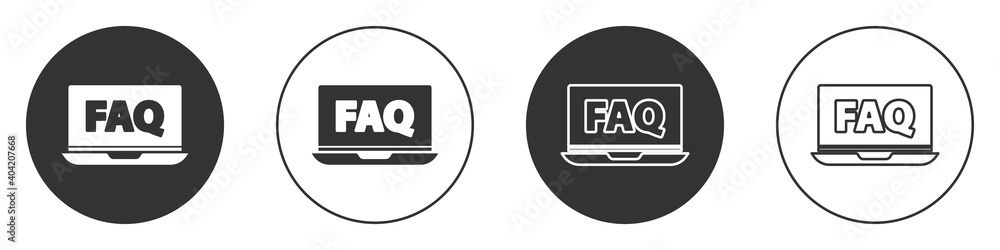 Black Laptop and FAQ icon isolated on white background. Adjusting, service, setting, maintenance, repair, fixing. Circle button. Vector Illustration. Black Laptop and FAQ icon isolated on white background. Adjusting, service, setting, maintenance, repair, fixing. Circle button. Vector Illustration.
