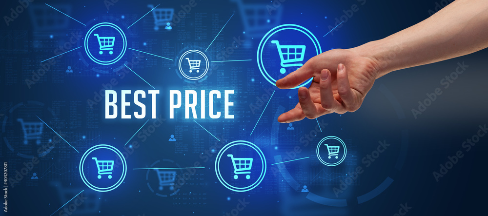 Close-Up of cropped hand pointing at BEST PRICE inscription, online shopping concept Close-Up of cropped hand pointing at BEST PRICE inscription, online shopping concept