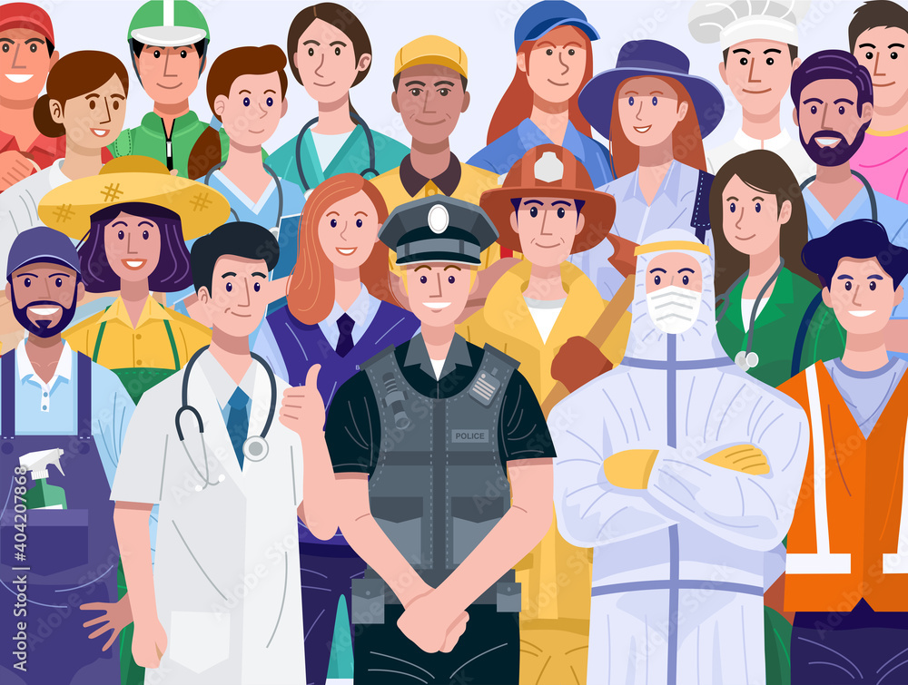 Group of Diverse People with Various Occupations. Vector - obrazy, fototapety, plakaty 