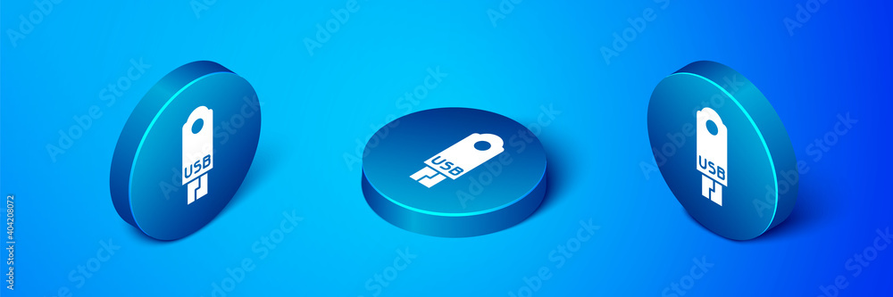 Isometric USB flash drive icon isolated on blue background. Blue circle button. Vector Illustration. Isometric USB flash drive icon isolated on blue background. Blue circle button. Vector Illustration.