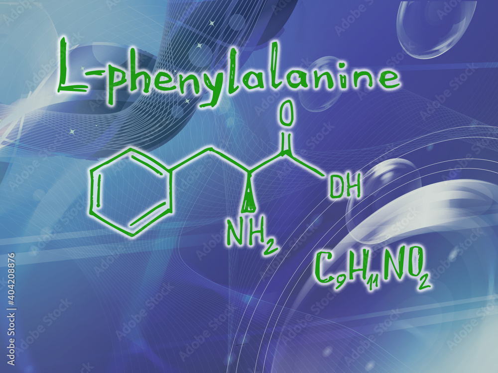 Chemical molecular formula of the hormone l-phenylalanine n . Infographics. Abstract bright glitter blue background.