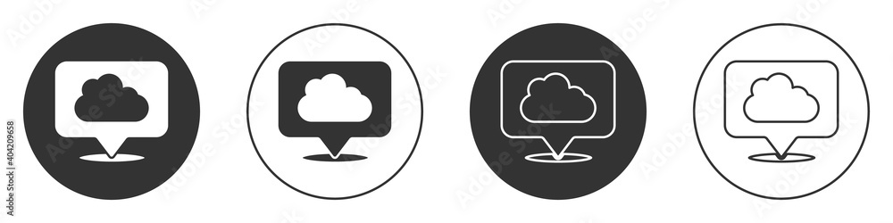 Black Location cloud icon isolated on white background. Circle button. Vector. Black Location cloud icon isolated on white background. Circle button. Vector.