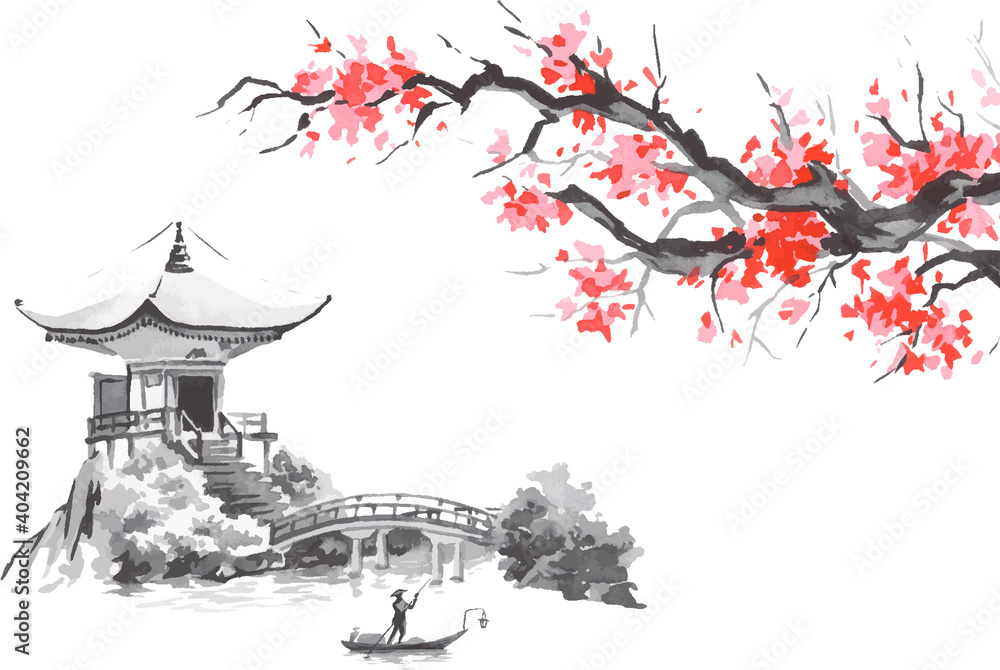 Obraz premium Japan traditional sumi-e painting. Fuji mountain, sakura, sunset. Japan sun. Indian ink vector illustration. Japanese picture.