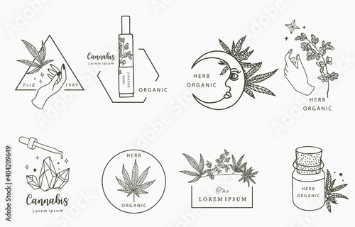 Line object collection with hand, cannabis,bottle,dropper,star,moon