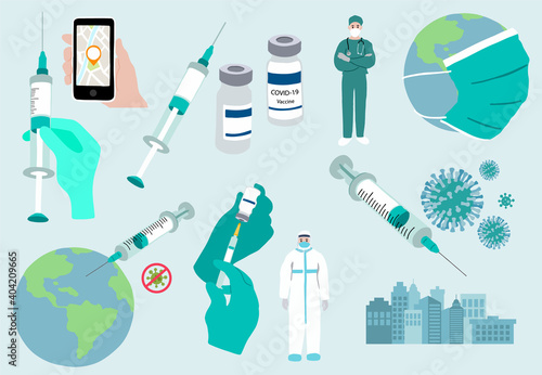 Covid pandemic collection with mask,vaccine,syringe,earth,doctor.Vector illustration for icon,sticker,printable