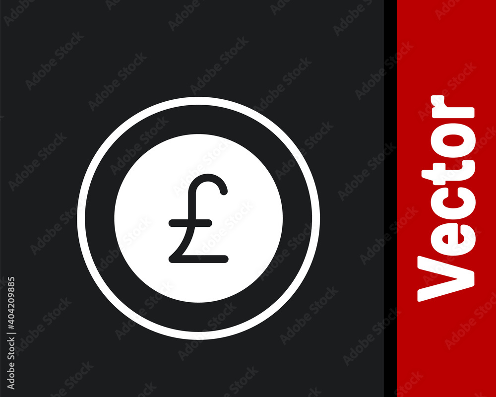 White Coin money with pound sterling symbol icon isolated on black background. Banking currency sign. Cash symbol. Vector. White Coin money with pound sterling symbol icon isolated on black background. Banking currency sign. Cash symbol. Vector.