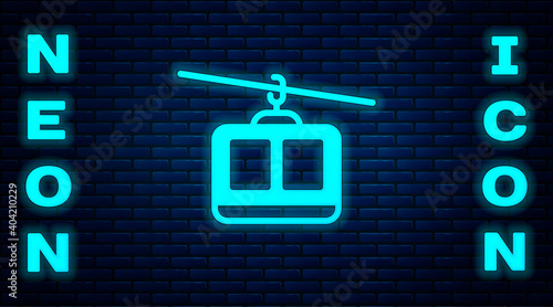 Glowing neon Cable car icon isolated on brick wall background. Funicular sign. Vector.