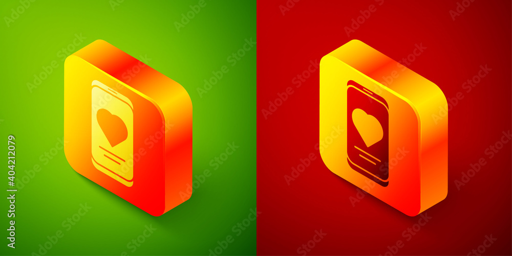 Isometric Smartphone with heart rate monitor function icon isolated on green and red background. Square button. Vector. Isometric Smartphone with heart rate monitor function icon isolated on green and red background. Square button. Vector.