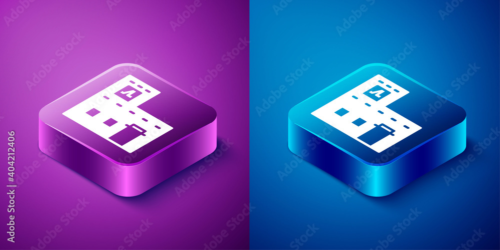 Isometric Traditional Mexican house icon isolated on blue and purple background. Square button. Vector. Isometric Traditional Mexican house icon isolated on blue and purple background. Square button. Vector.