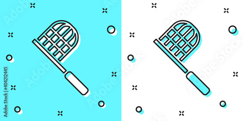 Black line Butterfly net icon isolated on green and white background. Random dynamic shapes. Vector.