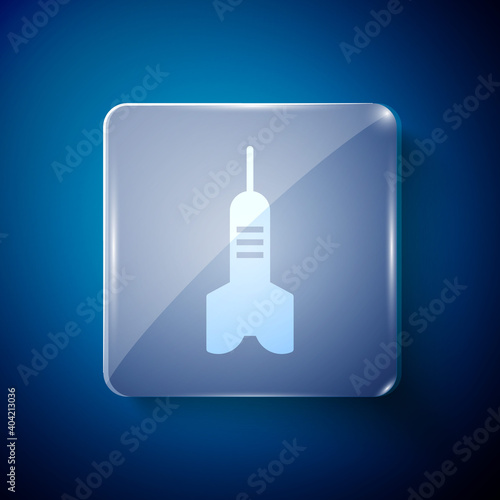 White Dart arrow icon isolated on blue background. Square glass panels. Vector.