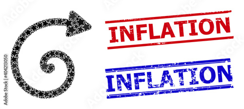 Spiral arrow star pattern and grunge Inflation seal stamps. Red and blue stamps with distress style and Inflation word. Abstract spiral arrow concept is constructed with random flat star elements.