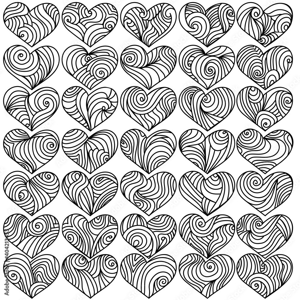 Fototapeta premium Set of hearts with spiral patterns and flowing waves, contour twists for Valentine's Day