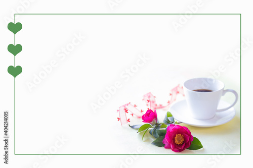 ハートのリボンと美しい山茶花とコーヒーのハートフレーム
