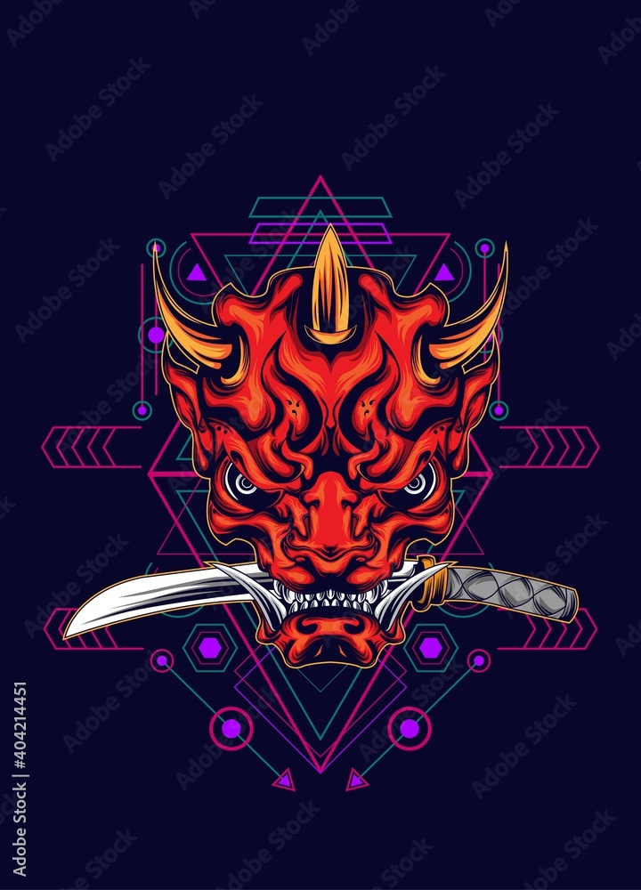 Naklejka premium japanese mask and katana sword illustration logo with sacred geometry ornament