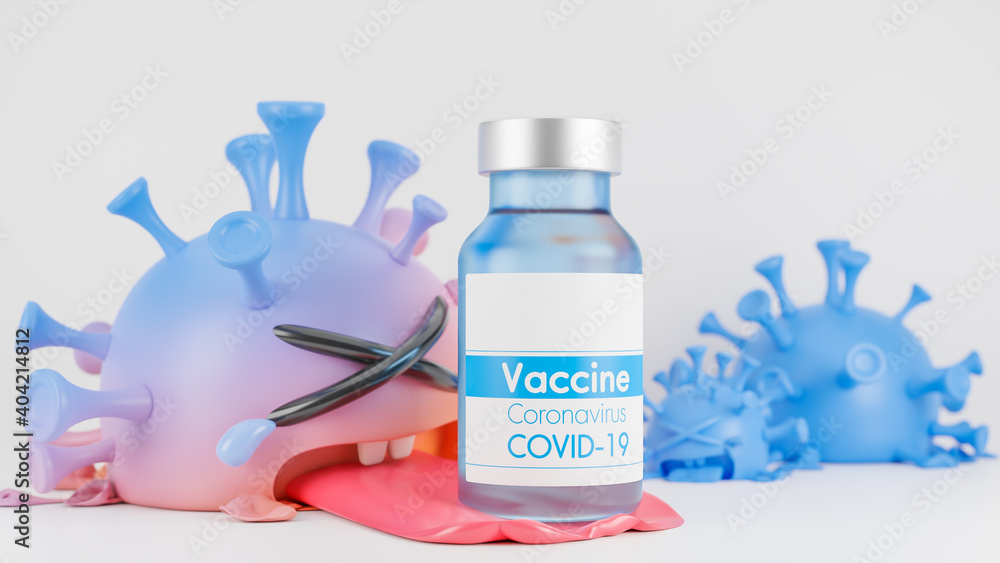 Crying Cute Orange And Blue Colona Virus Character With Vaccine Bottle