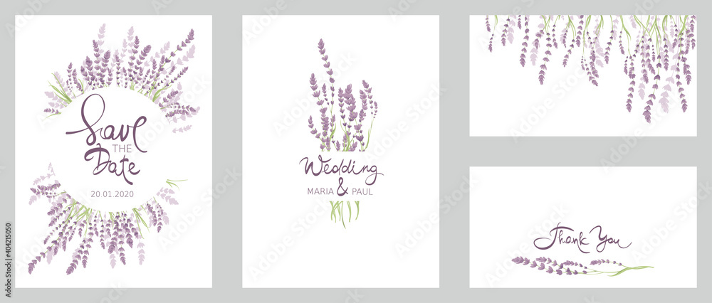 Cards for Wedding invitation. Set vector design elements, wreaths and bouquets of lavender and calligraphy lettering. Cards for Wedding invitation. Set vector design elements, wreaths and bouquets of lavender and calligraphy lettering.