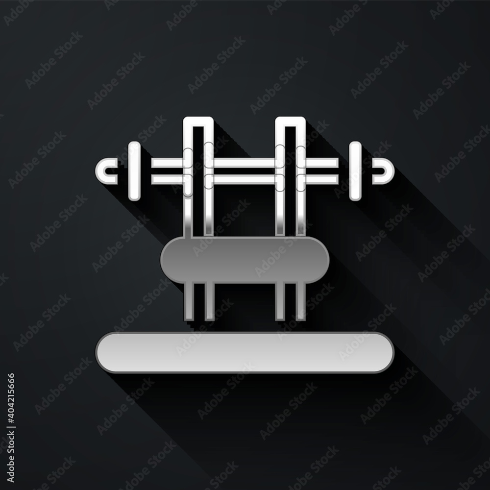 Silver Bench with barbel icon isolated on black background. Gym equipment. Bodybuilding, powerlifting, fitness concept. Long shadow style. Vector. Silver Bench with barbel icon isolated on black background. Gym equipment. Bodybuilding, powerlifting, fitness concept. Long shadow style. Vector.