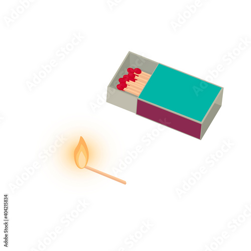 Burning match. Box of matches, vector illustration