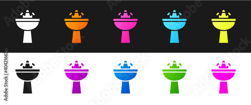Set Washbasin with water tap icon isolated on black and white background. Vector.