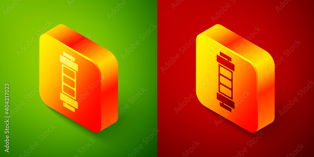 Isometric Battery charge level indicator icon isolated on green and red background. Square button. Vector. Isometric Battery charge level indicator icon isolated on green and red background. Square button. Vector.