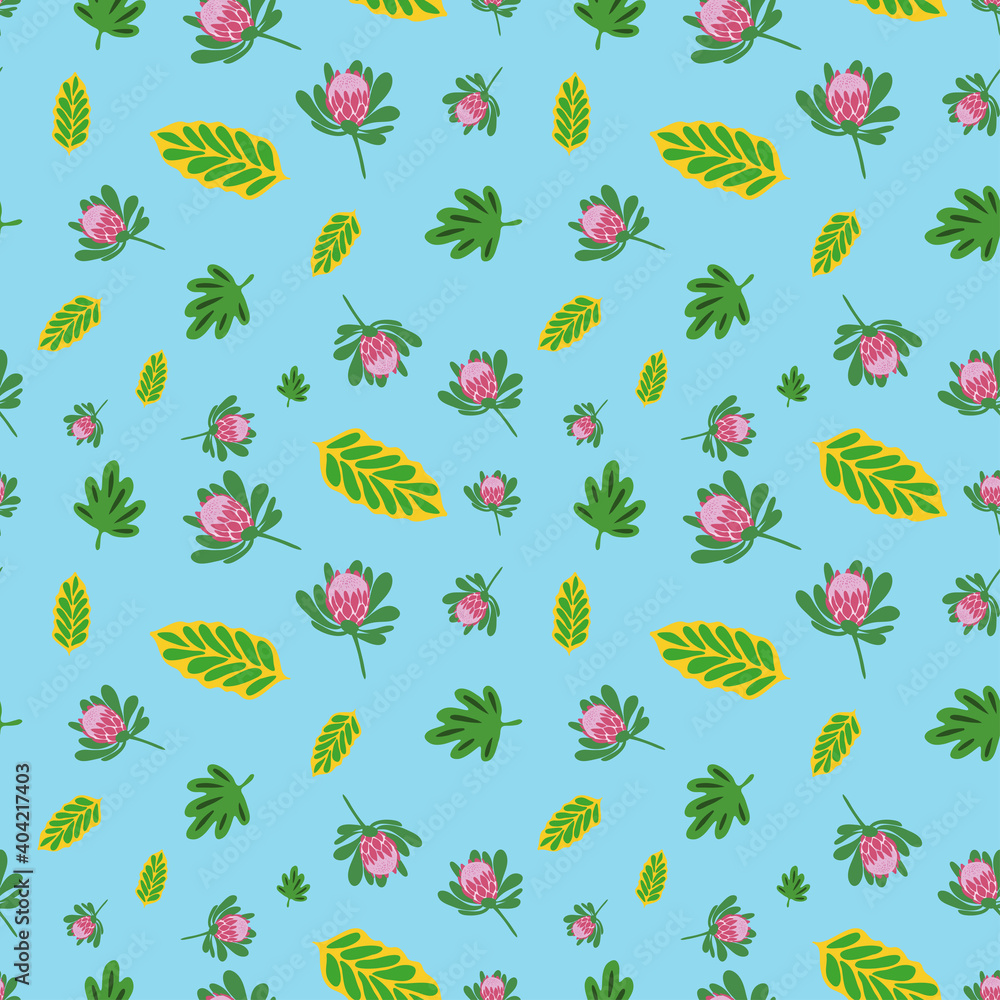Fototapeta premium Tropical seamless pattern with protea flowers and leaves