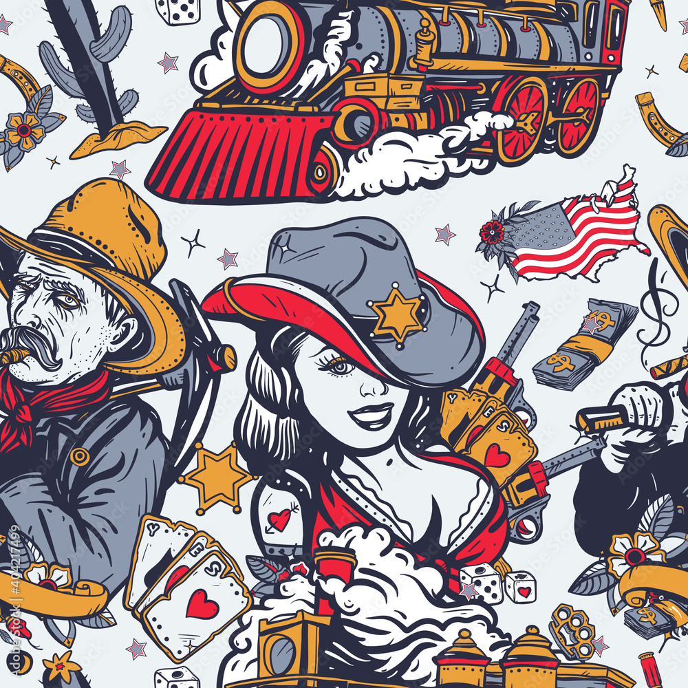 Wild West seamless pattern. Western background. American history background. Old school tattoo style. Texas art. Cowboy girl, digger, train and golden horseshoe, USA map Wild West seamless pattern. Western background. American history background. Old school tattoo style. Texas art. Cowboy girl, digger, train and golden horseshoe, USA map