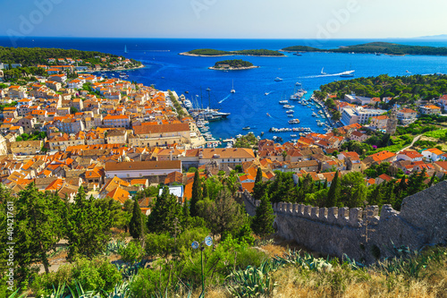 Beautiful Hvar resort cityscape with spectacular harbor and boats, Croatia