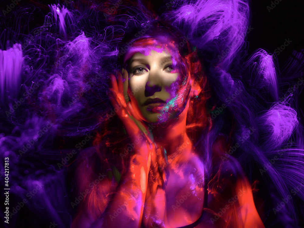 light painting portrait, new art direction, long exposure photo without photoshop, light drawing at long exposure	