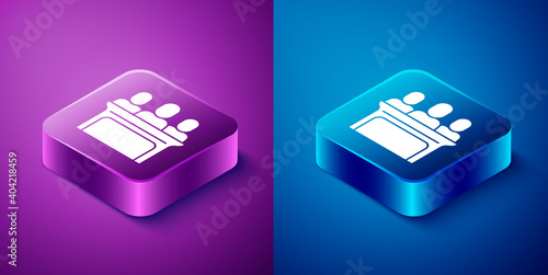 Isometric Jurors icon isolated on blue and purple background. Square button. Vector.