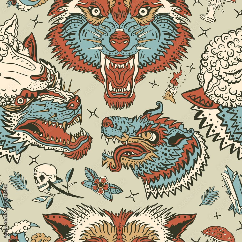 Wolves pattern. Dark gothic background. Magic fairy tale style. Werewolf in sheep clothing