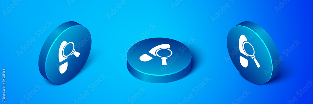 Isometric Magnifying glass with footsteps icon isolated on blue background. Detective is investigating. To follow in the footsteps. Blue circle button. Vector. Isometric Magnifying glass with footsteps icon isolated on blue background. Detective is investigating. To follow in the footsteps. Blue circle button. Vector.