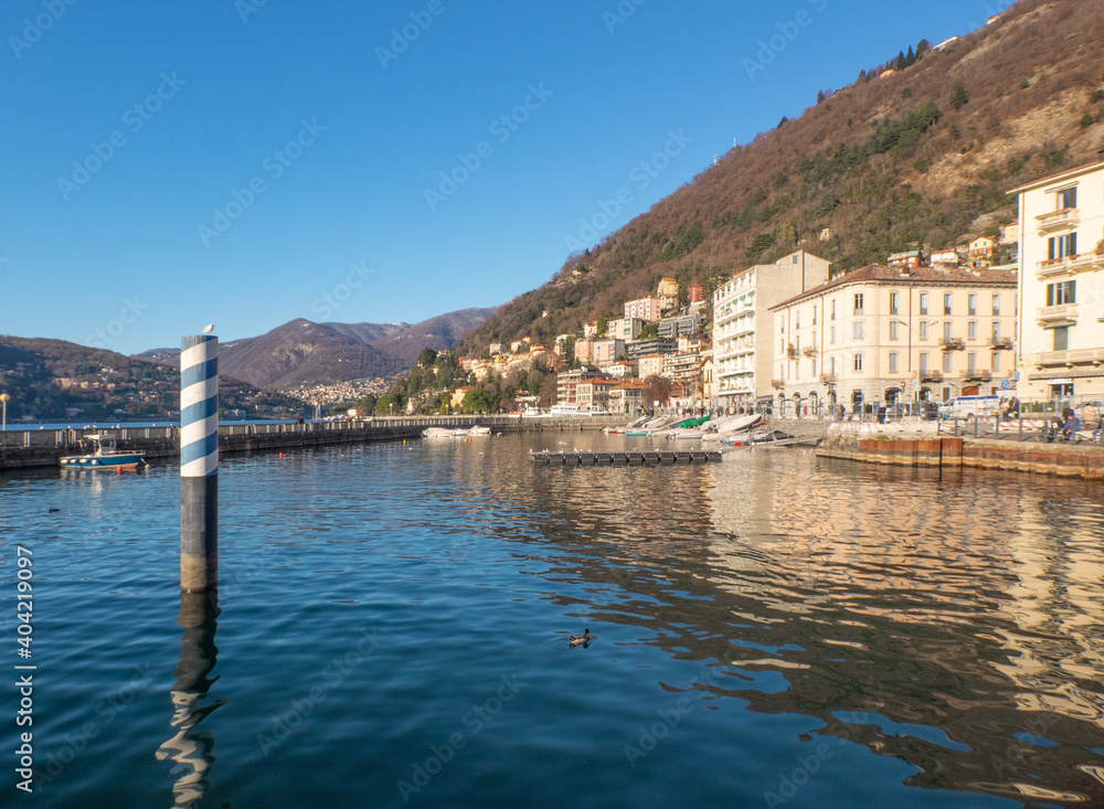colorful winter landscape in a sunny day.Como lake, italian lakes, Lombardy,Italy colorful winter landscape in a sunny day.Como lake, italian lakes, Lombardy,Italy